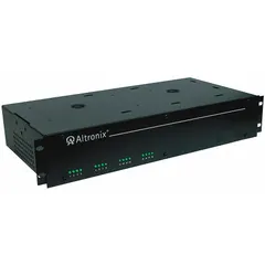 Power supply board with steel enclosure, designed for 115V AC input and providing 24V AC output at 25A. Features 16 fuses in an isolated rack-mount configuration for distributing power to multiple devices. Suitable for use in control panels and equipment racks.