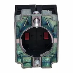 This contact block is designed for 22 mm panel mounting and features a 2NC (normally closed) configuration with momentary switch action. Screw terminals provide secure wiring connections. It is commonly used in industrial control panels and machinery for momentary switching applications such as safety interlocks and emergency stop circuits.