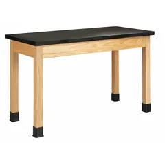 Fixed-height lab table with an epoxy countertop for chemical and heat resistance. Features a beige epoxy surface, wood base, 30-inch height, 4-foot length, and 500 lb load capacity. Suitable for benchtop testing, sample preparation, and general laboratory tasks.