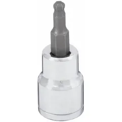 Ball-end hex bit socket with 3/8 in drive and 1/4 in hex tip. Fixed insert design, overall length 1-7/8 in. Ball end allows off-axis engagement for accessing fasteners in confined spaces.