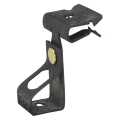 Steel beam clamp with zinc-plated finish, designed for beam flanges 1/8 in to 1/4 in thick. Features a 3/8"-16 threaded stud, 1 in overall length, and hammer-on mounting for use with 4 in square boxes. UL/CUL listed with 160 lb load capacity.