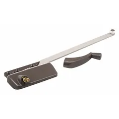 This right-hand surface-mount window operator is designed for casement windows. It includes a bronze-coated crank handle and has a 3-inch base length. Suitable for residential or light commercial applications where a direct replacement operator is needed.