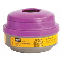 This combination cartridge/filter provides protection against acid gases, organic vapors, and particulates (P100). It is magenta/yellow and threaded for use with North 5400, 5500, 7600, 7700, RU6500, and RU8500 series reusable respirators. Suitable for industrial environments such as chemical processing, painting, and manufacturing