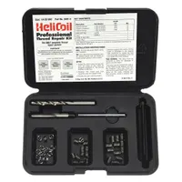 This thread repair kit includes 18-8 stainless steel helical inserts and a right-hand STI tap for M3-0.50 coarse threads. The free-running, tanged tang style inserts are designed for restoring damaged internal threads in metal components. Typical applications include automotive, aerospace, and industrial maintenance