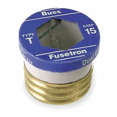 Time-delay plug fuse rated 25 A with non-rejection design and indicating feature. Provides overcurrent protection for circuits with temporary inrush currents, such as motors and transformers, reducing nuisance blowing while clearing sustained faults.