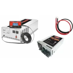 Multi-unit inverter with integrated battery charger. Converts 10.5-15V DC to 120V AC modified sine wave with 5000W peak output. Charger operates from 105-130V AC input, delivering 13.2-14.4V DC for battery charging. Suitable for powering tools, pumps, and controls in mobile or backup power applications.