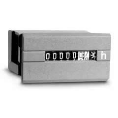 Analog hour meter with rectangular flush-mount bezel for front panel installation. Operates on 90 V AC to 115 V AC and is UL listed. Tracks total operating hours of industrial equipment such as generators, pumps, and compressors for maintenance scheduling and warranty tracking.
