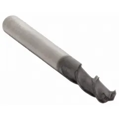 Solid carbide ball end mill with TiAlN coating for heat resistance and extended tool life. Two-flute design provides efficient chip evacuation in contouring, slotting, and profiling operations. Suitable for machining stainless steels and super alloys in general industrial applications.