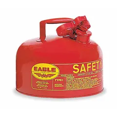 This 2-gallon Type I safety can is constructed from red powder-coated steel for storing and dispensing flammable liquids. It features a single opening for filling and pouring, suitable for industrial environments such as machining, maintenance, and chemical processing facilities.