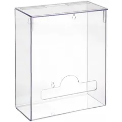 Clear PETG table-mount dispenser, 8 1/8 in x 4 in x 10 1/2 in, with hinged top and single compartment. Holds up to 96 bouffant caps. Features one-handed access for dispensing bulk hairnets in food processing, cleanrooms, and industrial settings.