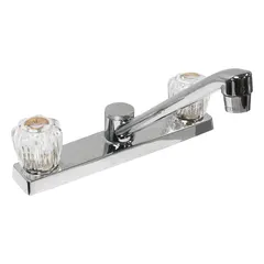 This centerset kitchen faucet from the Silver series is constructed of plastic with a chrome finish. It features a deck mount requiring three mounting holes. Designed for standard kitchen sink installations, the low-arc spout provides a compact solution for washing and rinsing tasks.