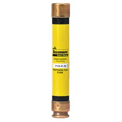 Fast-acting cylindrical fuse rated 30 A, 600 V DC with AC/DC voltage compatibility. Part of the PVS-R series. Used for overcurrent protection in DC circuits such as solar photovoltaic combiner boxes and inverters.