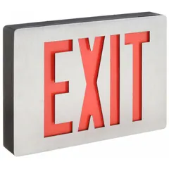 Aluminum LED exit sign with two illuminated faces, red text, and black housing. Operates on 120/277 V AC and includes a nickel-cadmium battery backup for emergency operation. Features universal field-selectable chevrons for directional indication. Designed for ceiling mounting in commercial buildings.