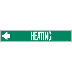 Green adhesive pipe marker with white 'Heating' legend and directional arrows. Each roll contains 25 markers designed for pipe outer diameters from 2-1/2 to 6 inches. Used to identify heating system piping in industrial facilities.