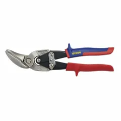 Straight-cut offset metal snips with steel blades and a multi-component handle with vinyl grip. Overall length 9-1/2 in, cutting length 1-1/4 in. Designed for cutting 23 ga stainless steel and other sheet metals. Commonly used for straight cuts in ductwork, flashing, and panels in HVAC, metal fabrication, and construction.