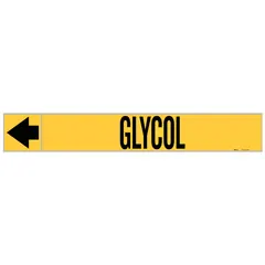 Yellow adhesive pipe markers with black 'Glycol' legend and directional arrows for identifying glycol piping systems. Each marker fits pipe outer diameters of 1-1/2 to 2 inches. Supplied on a roll of 25 markers for convenient application in industrial facilities.