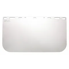 This CONDOR replacement visor is made of clear, uncoated polycarbonate with an overall height of 8 inches. It is designed for general-purpose use in industrial environments, providing impact and splash protection during tasks such as grinding, chipping, and chemical handling.
