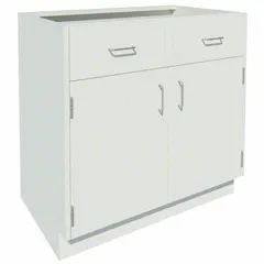 Steel base cabinet with overall dimensions of 36 in width, 22 in depth, and 35 1/8 in height. Includes 2 drawers and 1 shelf for organized storage of tools, parts, and supplies in industrial workshops, warehouses, and maintenance facilities.