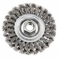 This heavy-cleaning brush from WEILER is designed for aggressive surface preparation on contoured carbon steel. It features a 4" diameter, 1/2" width, and 5/8"-11 arbor with 0.02" twisted steel fill. Typical applications include removing rust, scale, and weld splatter from irregular shapes in industrial maintenance and fabrication.