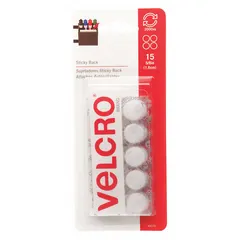 Pre-cut hook-and-loop disc with 5/8 in diameter, white nylon construction, and adhesive backing. Used for temporary fastening, cable management, and mounting lightweight components in industrial assembly and material handling applications.