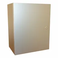 316 stainless steel enclosure with hinged cover and 1/4-turn latch. Measures 20 x 16 x 10 inches. Rated NEMA 12/13/3R/4/4X for indoor or outdoor use in washdown, corrosive, or dust-laden environments. Knockouts not included