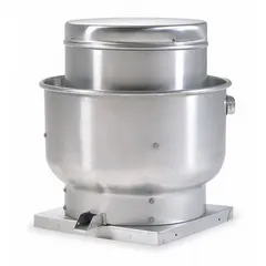 Belt-drive centrifugal upblast exhaust fan for kitchen ventilation. Includes drive package, assembled with square base. Open dripproof motor, 1/4 hp, 1,260 cfm, single speed, 115/208-230V AC. Standard efficiency, not for high-static-pressure applications.