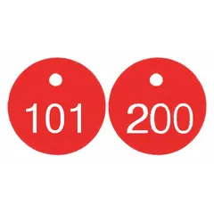 Round plastic valve tags, 1 1/8 inches in diameter and 0.065 inches thick, with red/white color and engraved numbers 101-200. Supplied in a 100-pack, these tags are used for identifying valves, pipes, and other industrial equipment in facilities such as refineries, chemical plants, and manufacturing lines.