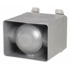 This electronic horn from FEDERAL SIGNAL operates on 120 to 240V AC and is suitable for indoor and outdoor use. The gray unit produces a horn sound for industrial signaling applications such as plant-wide alerts, safety warnings, and process notifications.