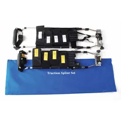 This MEDSOURCE traction splint is designed for immobilizing and stabilizing ankle injuries in emergency medical settings. Constructed from black nylon, it measures 43 5/16 inches in overall length and 6 11/16 inches in overall width. The splint includes an ankle hitch and is intended for use on the ankle body location.