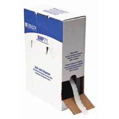 Continuous label roll measuring 15/32 in by 50 ft, made of white polyester with halogen-free material properties. Designed for use with the BMP71 printer series. Suitable for industrial identification and marking applications such as cable and component labeling.