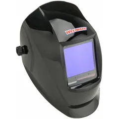 This auto-darkening welding helmet features a black nylon shell with a black graphic. It has a 3.74 in x 3.34 in viewing area, 4 arc sensors, and analog ADF controls with a W5-13 shade range. Includes grind mode and ratchet suspension adjustment. Suitable for arc welding processes such as MIG, TIG, and stick welding.