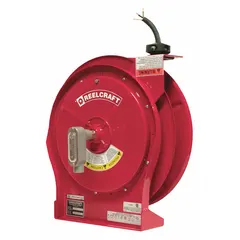 Hardwired self-retracting cord reel with ratchet lock mechanism. 50 ft SEOOW cord, 10 AWG, bare wire termination, rated 125/240V AC. Used in workshops, assembly lines, and maintenance areas for retractable power supply.