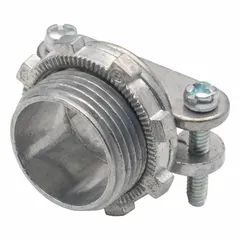 Non-insulated straight connector for terminating single round service entrance cable to a box or enclosure. Die cast zinc construction with silver finish, 3/4 in box connection, and strap cable clamping method. Includes two screws. Complies with 467 cULus standards.