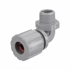 This 90° plastic cable grip provides liquid-tight strain relief for cables entering enclosures. It features a gray nylon body with a red grommet, 1/2 in MNPT box connection, and accepts cord diameters from 0.19 to 0.25 in. Rated IP66 for dust and water ingress, and Class III, Division 1 & 2 for hazardous locations, it is suited for industrial wiring applications.