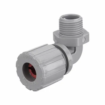 HUBBELL WIRING DEVICE-KELLEMS Liquid Tight Cord Connector: Nylon, 1/2 in MNPT, 0.19 in to 0.25 in - 90° Plastic Cable Grips
