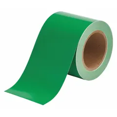 Green vinyl solid-color banding tape for pipe identification. Non-reflective, 4 inches wide, 90-foot roll length. Used to mark piping systems in industrial facilities for content identification and safety compliance.