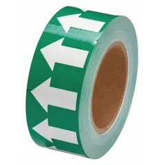 Non-reflective polyester pipe marking tape with green background and white legend text. Used for identifying pipe contents and indicating directional flow in industrial facilities. Roll length 90 ft, width 2 in. Suitable for banding around pipes to meet ANSI/ASME A13.1 color standards for water pipes.