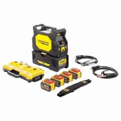 The ESAB Renegade Volt ES 200i is a battery-powered welding machine delivering up to 200 A for Stick (SMAW) and TIG (GTAW) processes at 230 V. It includes four batteries for cordless operation, enabling welding in field repair, maintenance, and construction applications where mains power is unavailable.