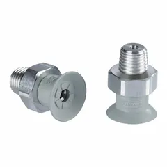 This vacuum pad assembly is designed for flat-type handling in electronics industry applications. It features an NBR material with 55 A durometer hardness, gray color, 16.8 mm pad diameter, and 14.9 mm pad height. The assembly includes a 1/8 in NPT connection for integration into vacuum systems.