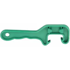 This TOUGH GUY pail lid opener is made of plastic and measures 8 inches in length, 2-3/4 inches in width, and 1-3/4 inches in thickness. It is designed for use with open head plastic pails, commonly used in industrial maintenance, paint mixing, and chemical handling for safe lid removal.