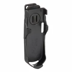Black plastic tool holster with clip attachment and open-top closure. Designed for safety cutters, fits belts up to 1.5 inches wide. No pockets.