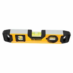 This 9-inch torpedo level features an aluminum frame with acrylic vials for level, plumb, and 45-degree angle measurement. Top and side read vials allow viewing from multiple angles. Rare earth magnets secure the level to metal surfaces for hands-free operation in construction, framing, and metalwork applications.