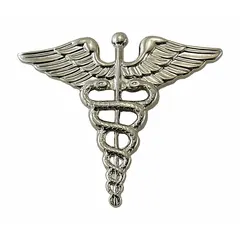 This metallic insignia is a silver-colored, 1-inch metal rank insignia for Medical Officer. It features a clutch pin attachment for secure fastening to uniform garments. Typical applications include military and uniformed service dress to denote the Medical Officer rank.
