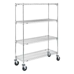 Mobile wire shelving unit for dry environments. Features four chrome-finished steel shelves with quick-adjust round posts and two swivel casters with rubber tread. Suitable for organizing supplies or inventory in warehouses, retail backrooms, and commercial kitchens.