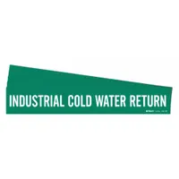Green adhesive pipe marker with white legend reading 'Industrial Cold Water Return'. Designed for pipes with an outside diameter of 8 inches and larger. Supplied without directional arrows. Suitable for identifying return water lines in facility piping systems