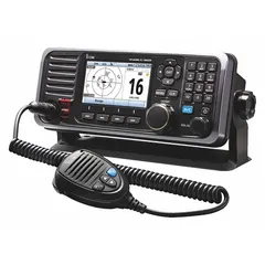 This vehicle-mounted marine VHF radio supports analog and digital operation with DSC, GPS, and alphanumeric display. It delivers 25 W across 88 channels, includes weather and alert channels, and meets IPX8 and FCC Part 80 standards for maritime communication.