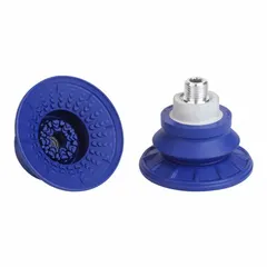 SCHMALZ bellows type vacuum pad assembly with 1.5 folds, G1/4 in connection, and 67 mm pad diameter. Made of NBR material in blue with 60 A durometer. Suitable for handling contoured or uneven surfaces in automated pick-and-place and assembly operations.