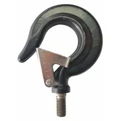 This top hook assembly is designed for use with electric chain hoists. It includes a latch and supports a compatible load capacity of 800 lb. Used to attach the hoist to a support structure in industrial lifting applications.