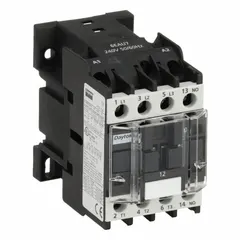 This non-reversing IEC contactor features 3 poles with 3 normally open contacts, rated for 12 A and a 240V AC coil. It is designed for switching electrical loads in industrial motor control and automation systems, such as conveyors, pumps, and fans requiring on/off control of 3-phase motors. No integrated surge suppression is included.