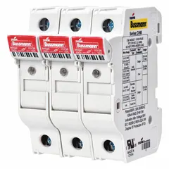Three-pole midget fuse block rated for 600 V AC. Features DIN rail mounting and box lug termination for secure wiring. Finger-safe design reduces shock risk during maintenance. Suitable for overcurrent protection in industrial control panels and distribution equipment.